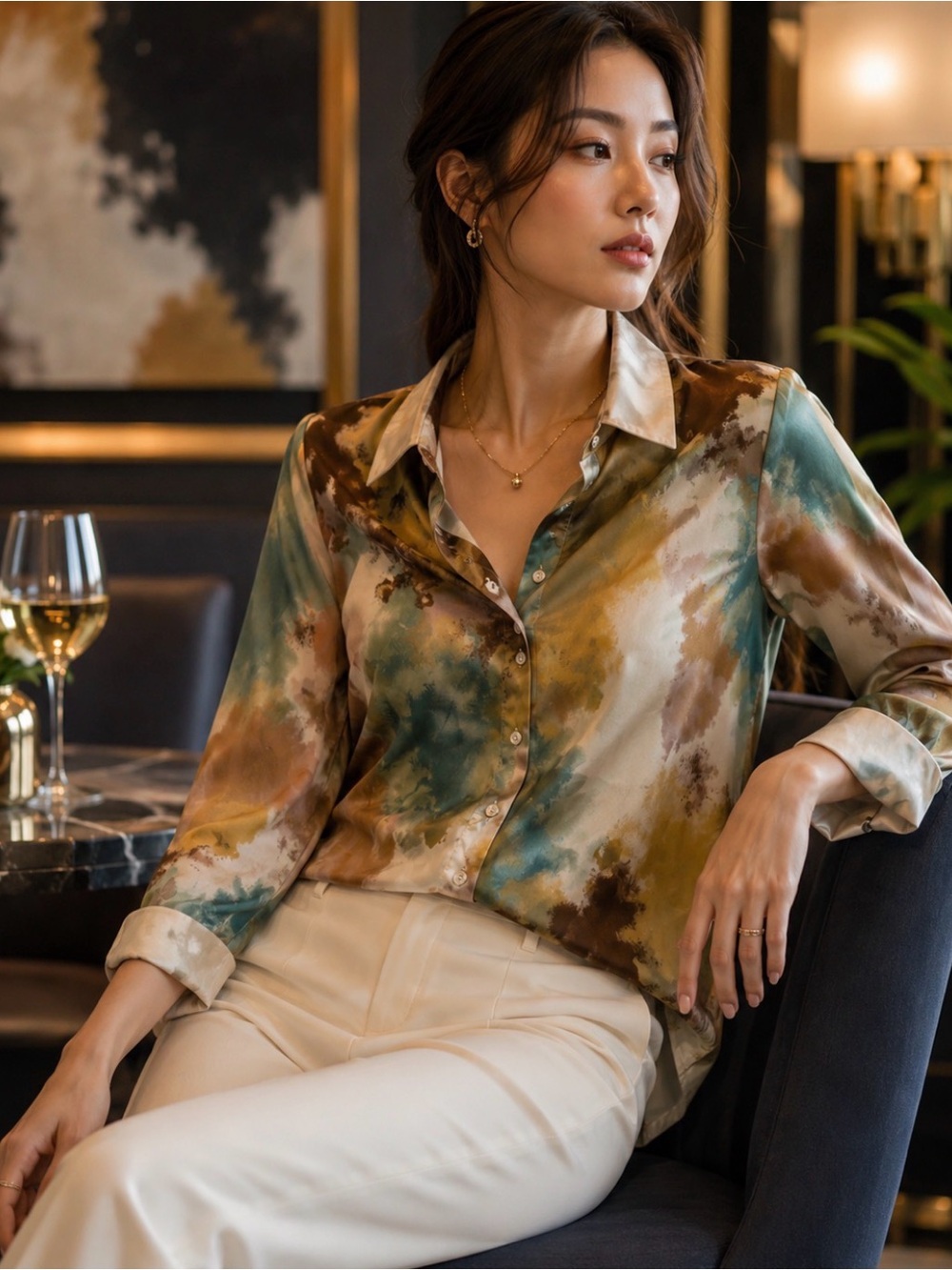 JODIFL Green and Brown Tie-Dye  Button-Down Blouse